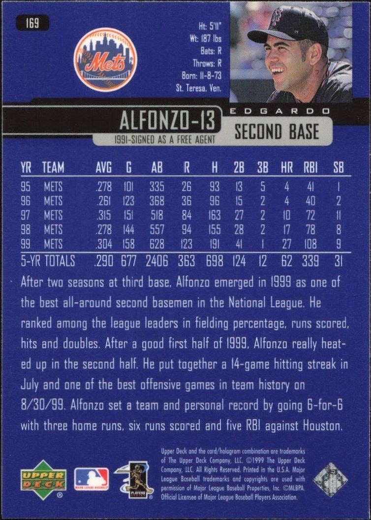2000 Upper Deck Edgardo Alfonzo #169 baseball trading card back