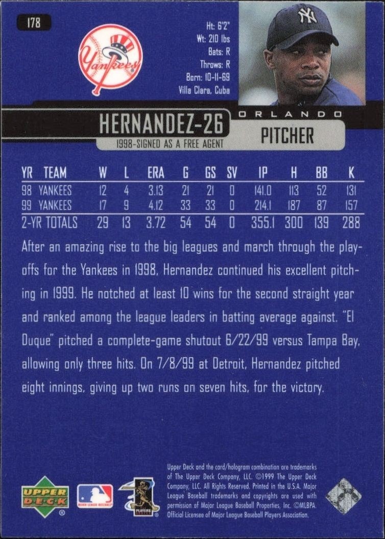 2000 Upper Deck Orlando Hernandez #178 baseball trading card back