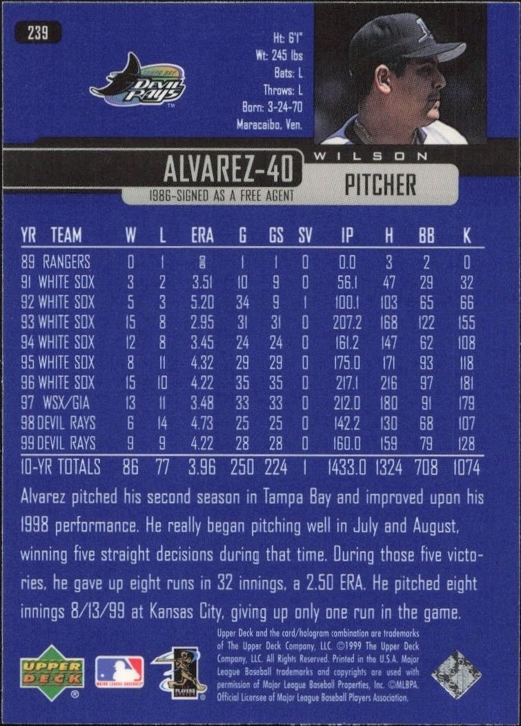 2000 Upper Deck Wilson Alvarez #239 baseball trading card back