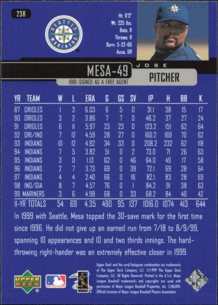 2000 Upper Deck Jose Mesa #238 baseball trading card back