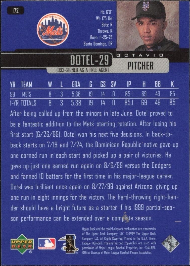 2000 Upper Deck Octavio Dotel #172 baseball trading card back