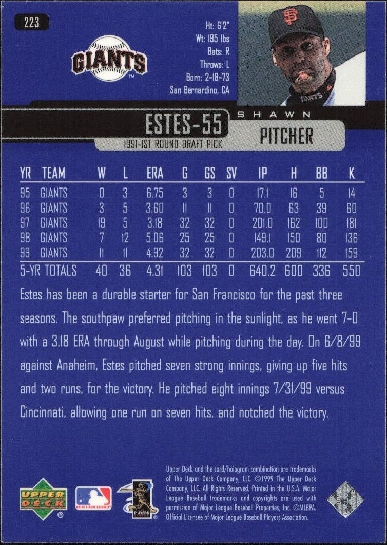 2000 Upper Deck Shawn Estes #223 baseball trading card back
