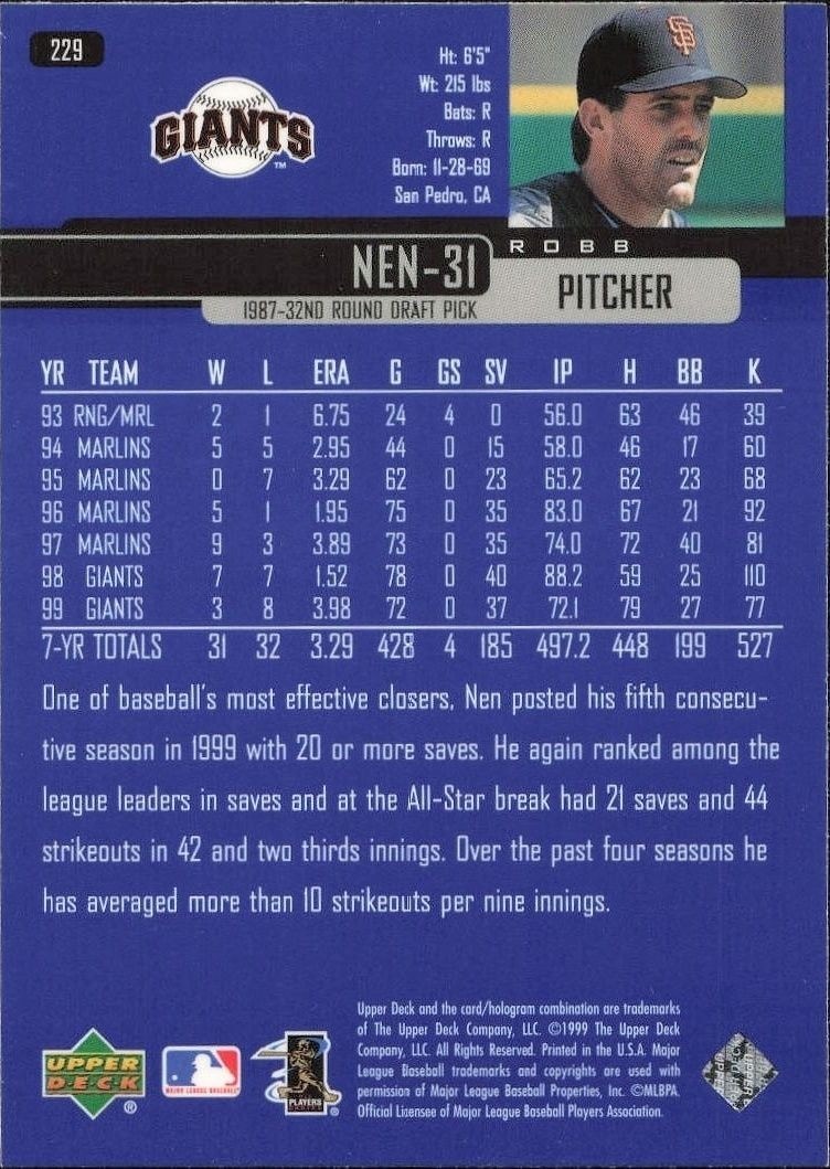 2000 Upper Deck Robb Nen #229 baseball trading card back