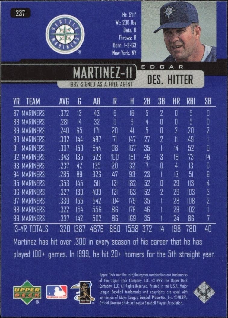 2000 Upper Deck Edgar Martinez #237 baseball trading card back