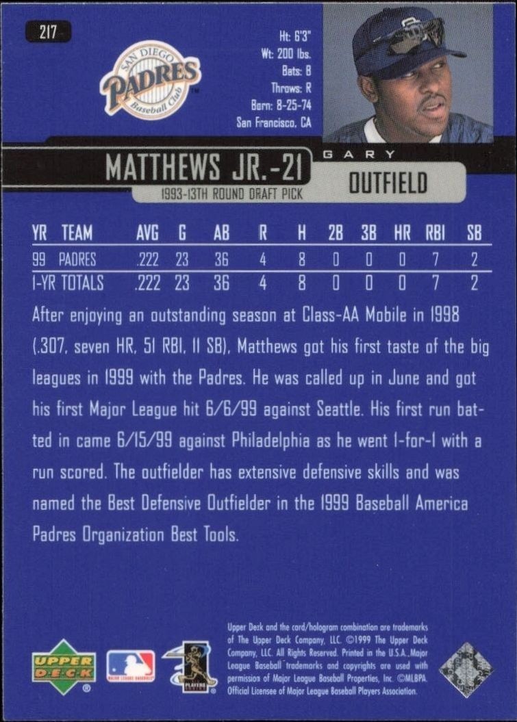 2000 Upper Deck Gary Matthews Jr. #217 baseball trading card back