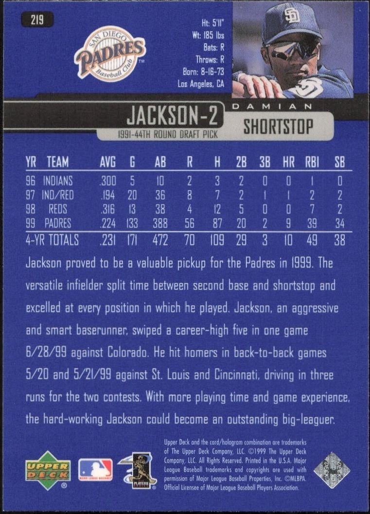 2000 Upper Deck Damian Jackson #226 baseball trading card back