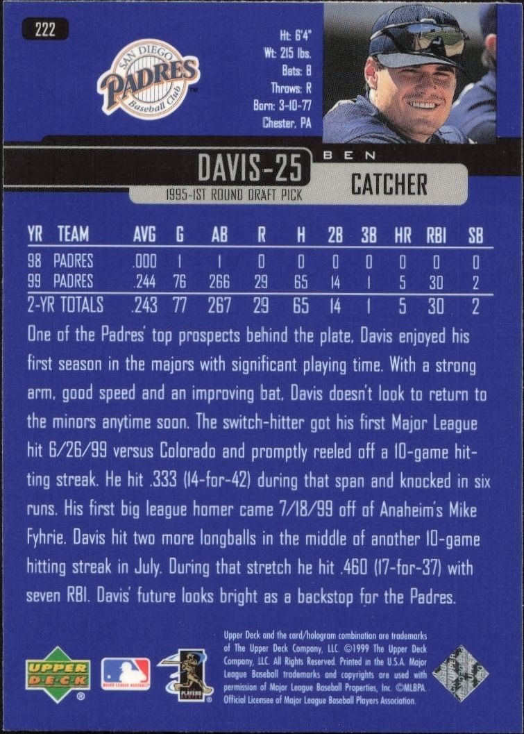 2000 Upper Deck Ben Davis #228 baseball trading card back
