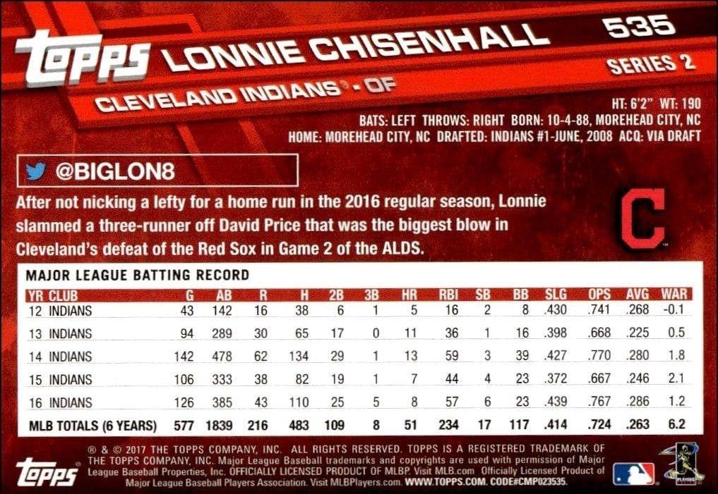 2017 Topps Series 2 Lonnie Chisenhall #535 baseball trading card back