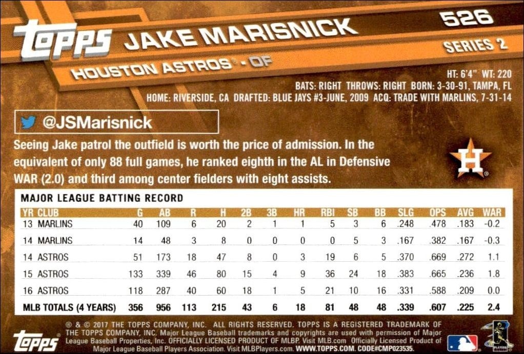 2017 Topps Series 2 Jake Marisnick #526 baseball trading card back