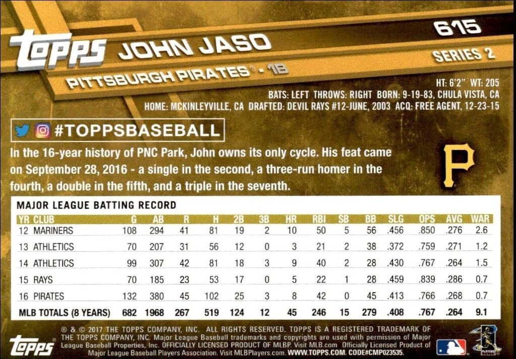 2017 Topps Series 2 John Jaso #615 baseball trading card back