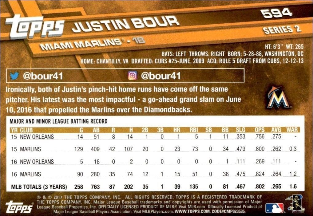 2017 Topps Series 2 Justin Bour #594 baseball trading card back