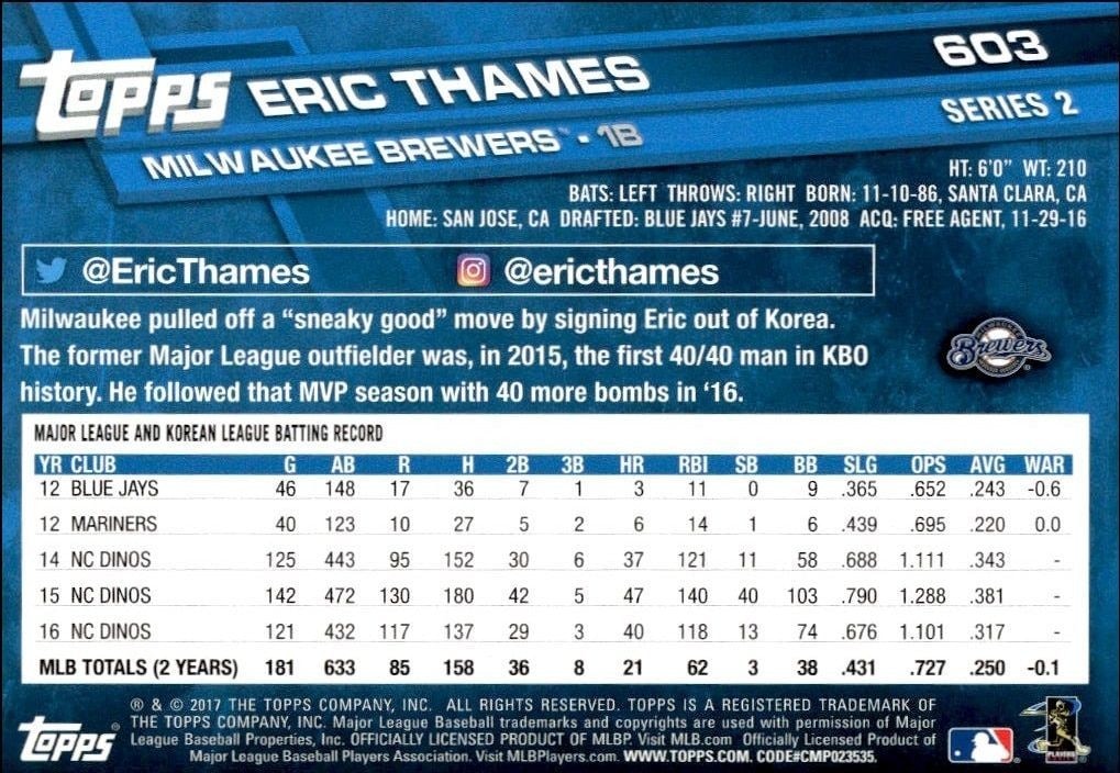 2017 Topps Series 2 Eric Thames #603 baseball trading card back