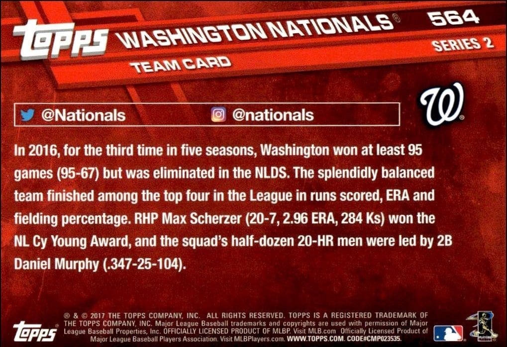 2017 Topps Series 2 Washington Nationals #564 baseball trading card back
