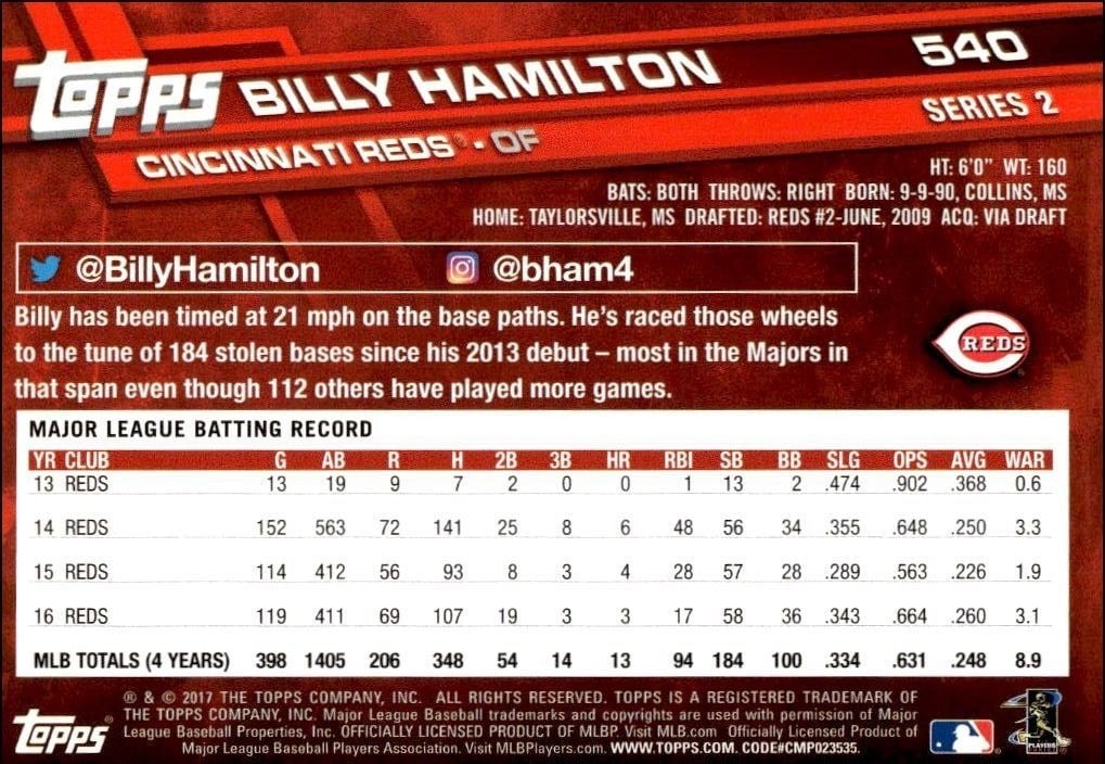 2017 Topps Series 2 Billy Hamilton #540 baseball trading card back