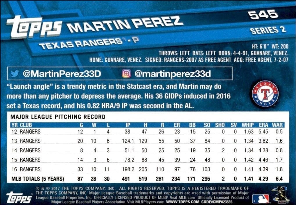 2017 Topps Series 2 Martin Perez #545 baseball trading card back