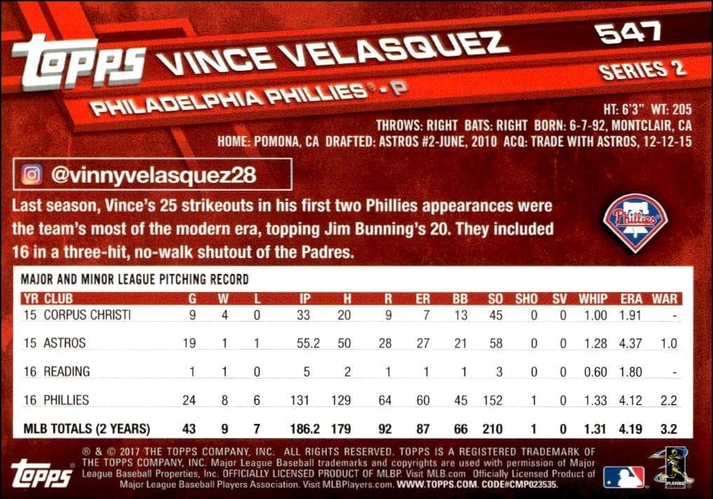 2017 Topps Series 2 Vince Velasquez #547 baseball trading card back