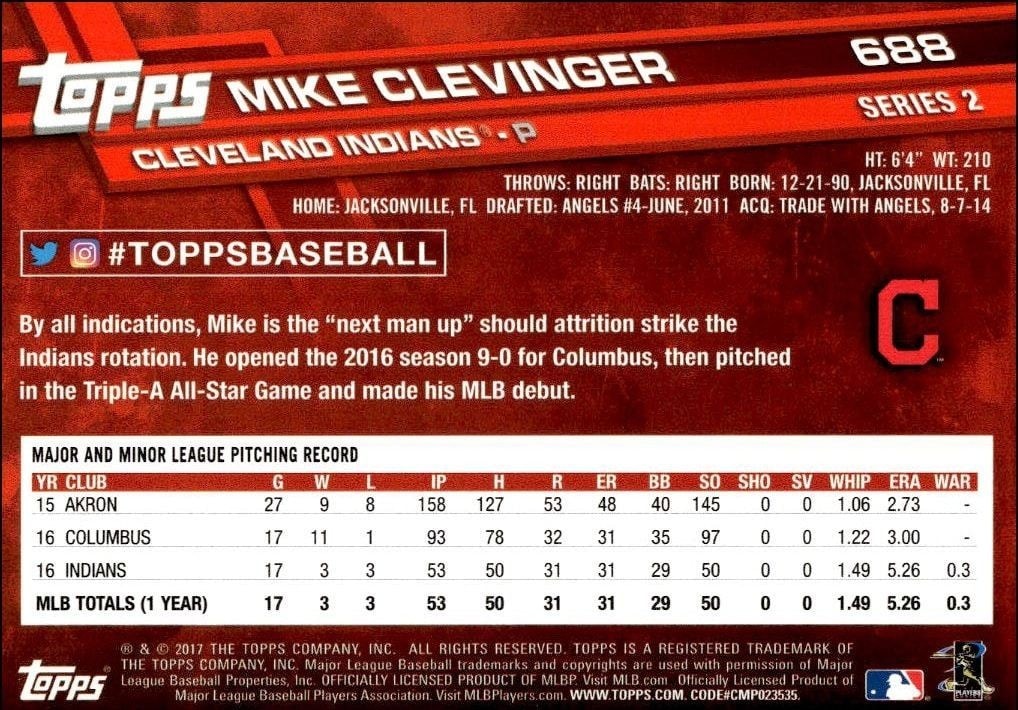 2017 Topps Series 2 Mike Clevinger #688 baseball trading card back