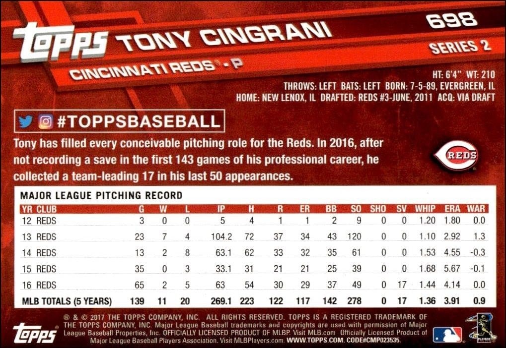 2017 Topps Series 2 Tony Cingrani #698 baseball trading card back