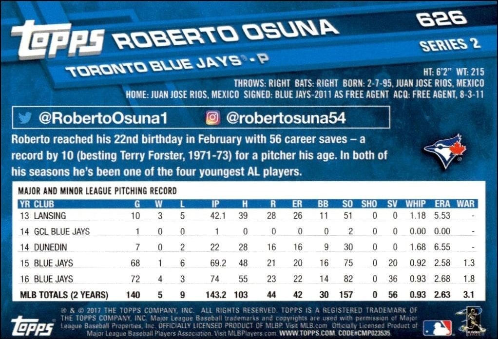 2017 Topps Series 2 Roberto Osuna #626 baseball trading card back