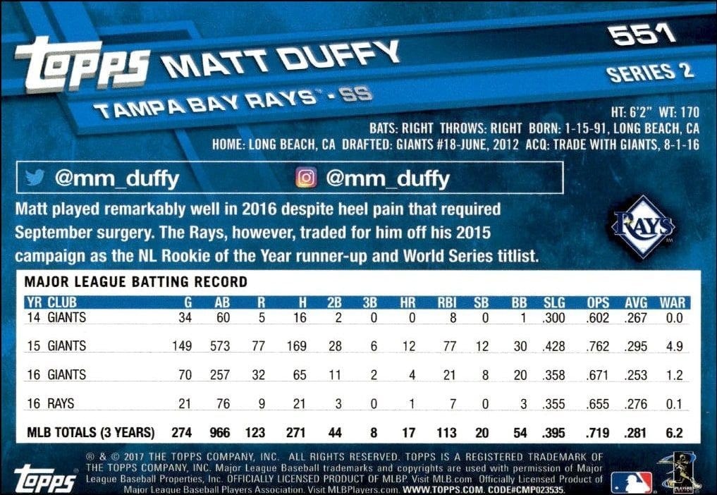 2017 Topps Series 2 Matt Duffy #551 baseball trading card back