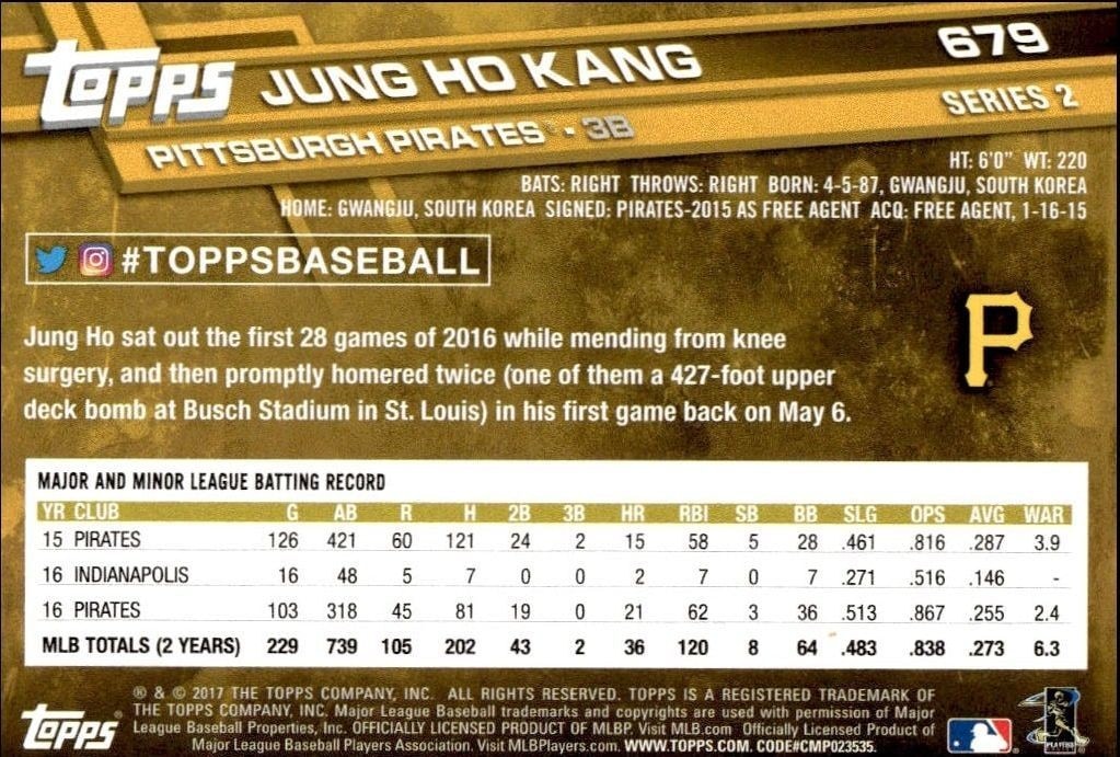 2017 Topps Series 2 Jung Ho Kang #679 baseball trading card back