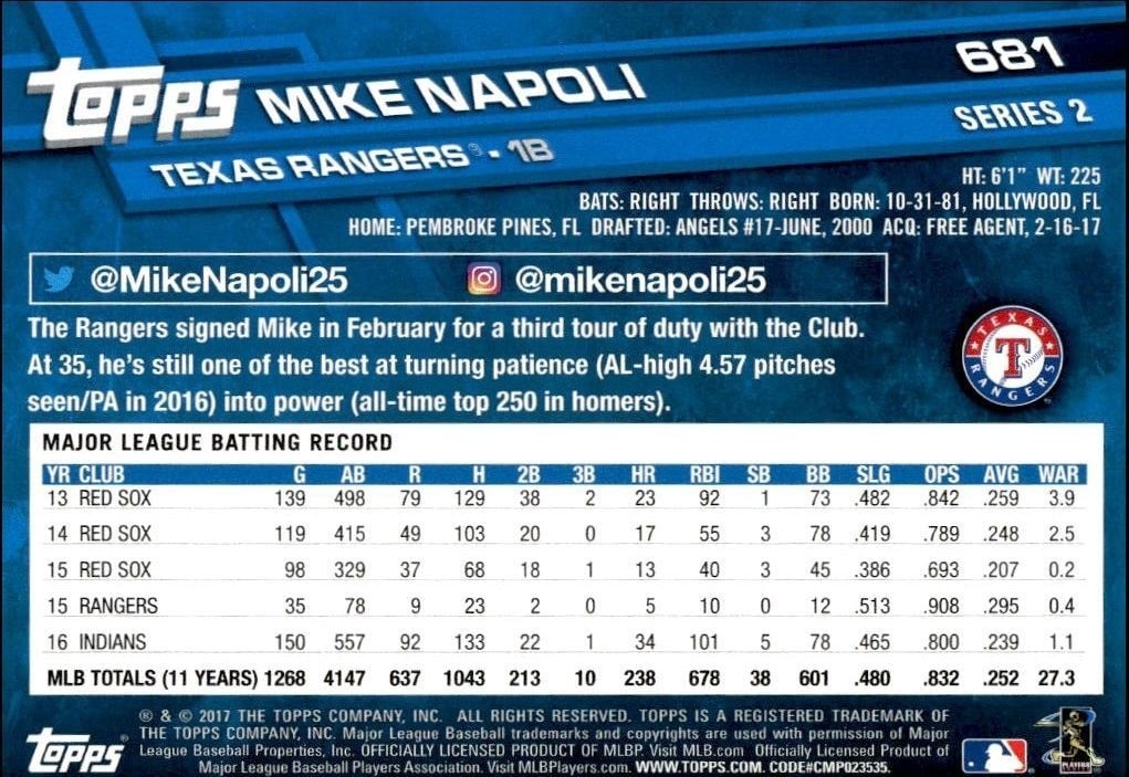 2017 Topps Series 2 Mike Napoli #681 baseball trading card back