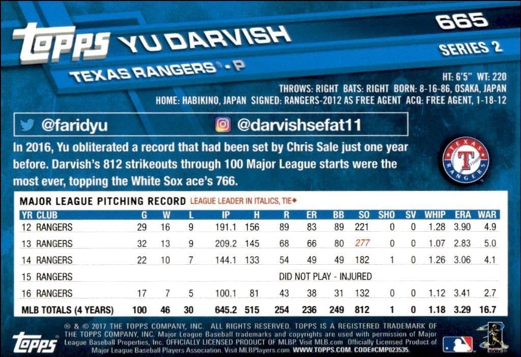 2017 Topps Series 2 Yu Darvish #665 baseball trading card back