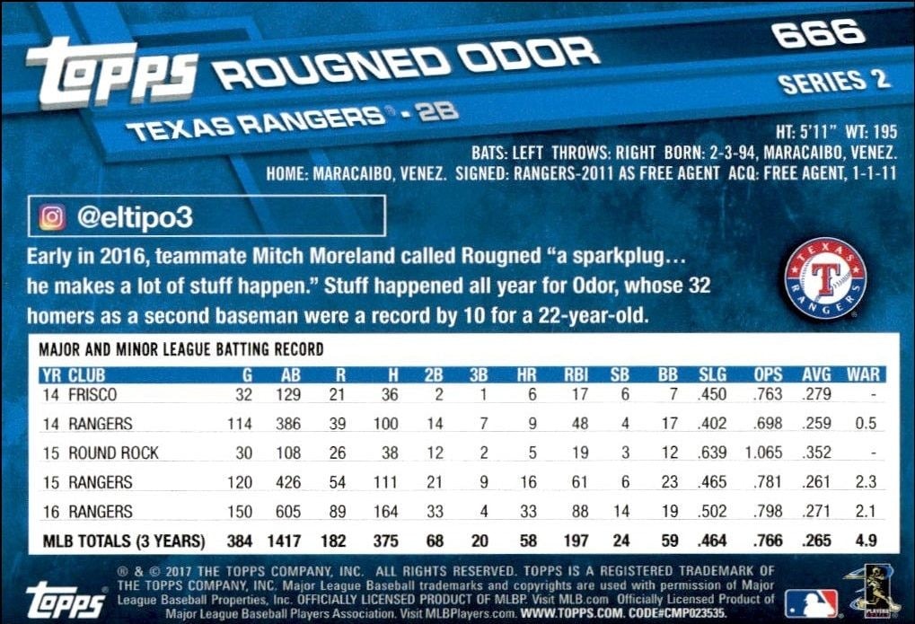 2017 Topps Series 2 Rougned Odor #666 baseball trading card back