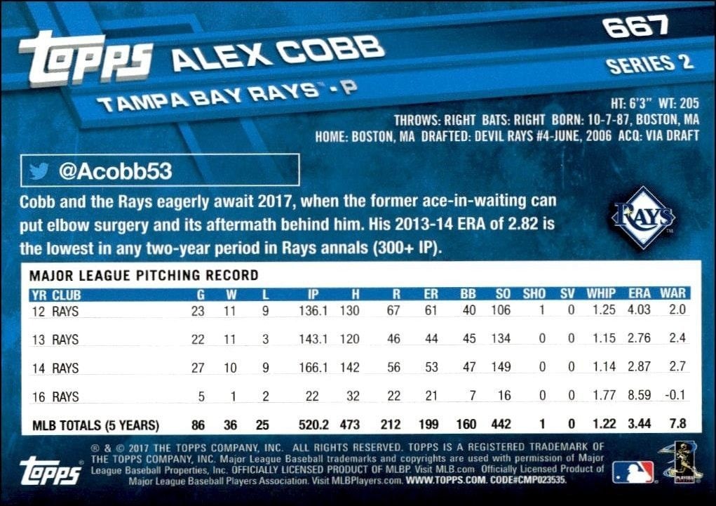 2017 Topps Series 2 Alex Cobb #667 baseball trading card back