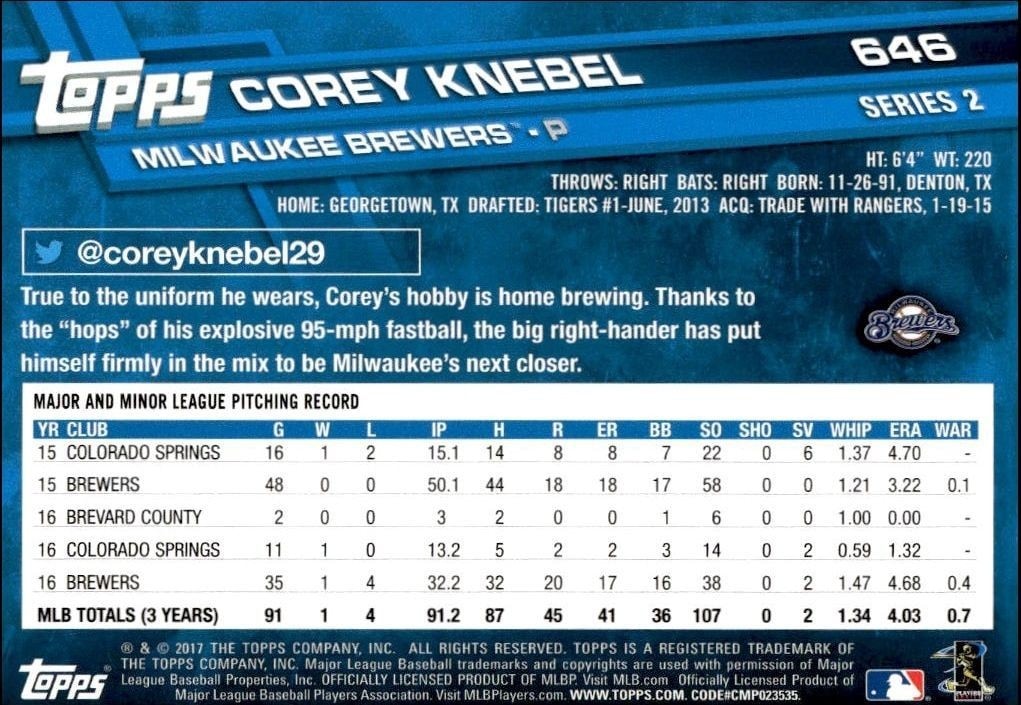 2017 Topps Series 2 Corey Knebel #646 baseball trading card back