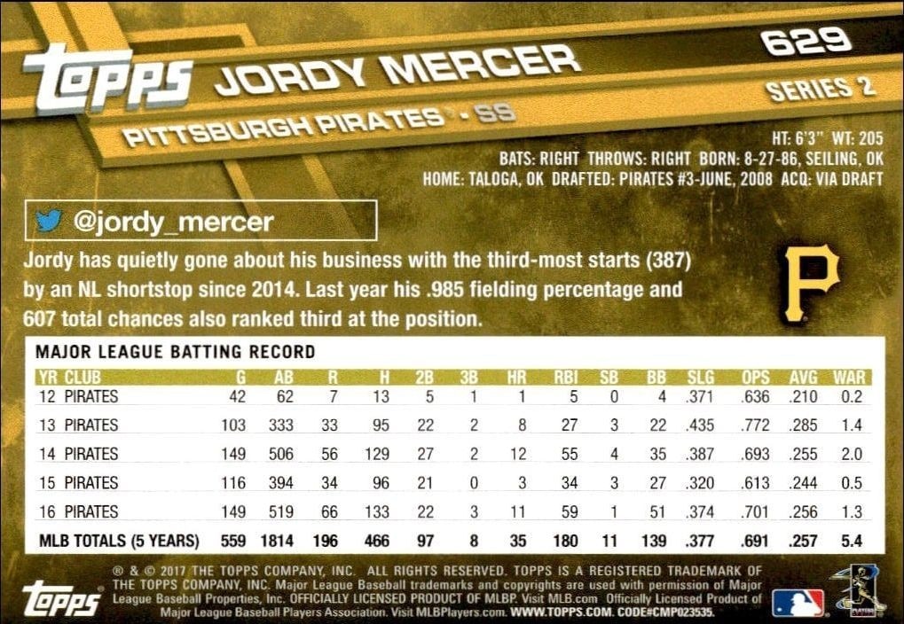 2017 Topps Series 2 Jordy Mercer #629 baseball trading card back