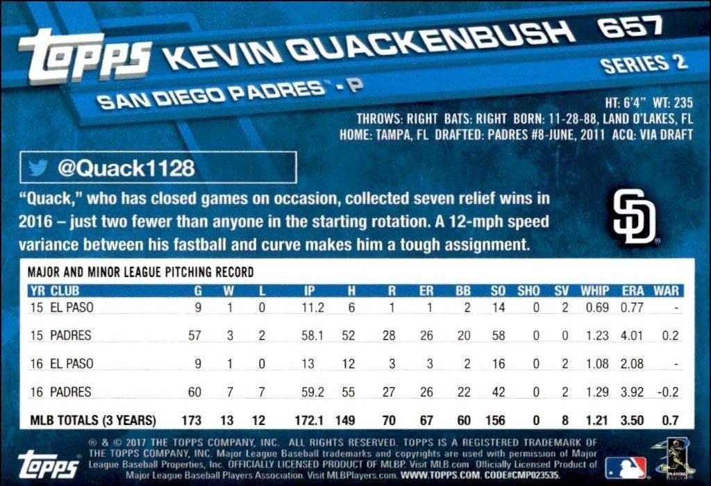 2017 Topps Series 2 Kevin Quackenbush #657 baseball trading card back