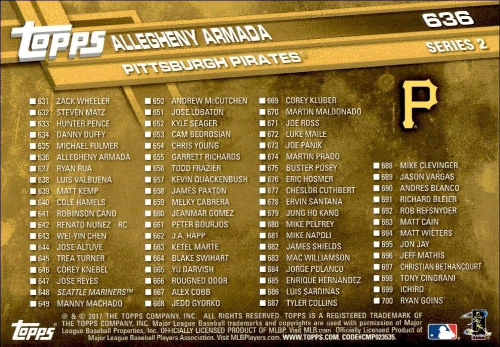 2017 Topps Series 2 Allegheny Armada #636 baseball trading card back