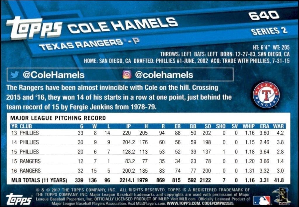 2017 Topps Series 2 Cole Hamels #640 baseball trading card back