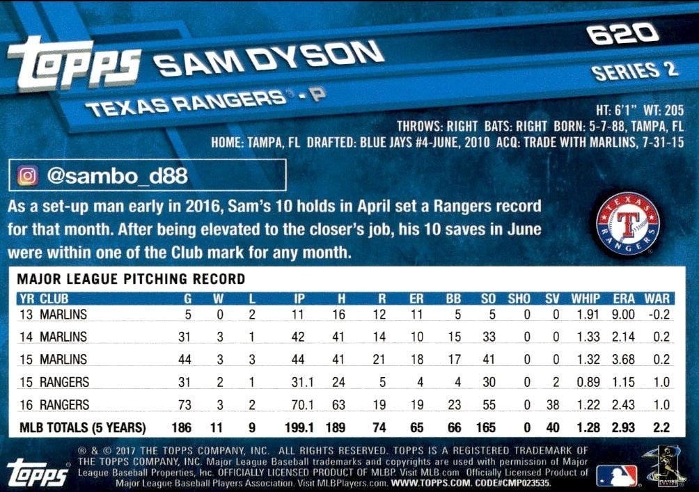 2017 Topps Series 2 Sam Dyson #620 baseball trading card back