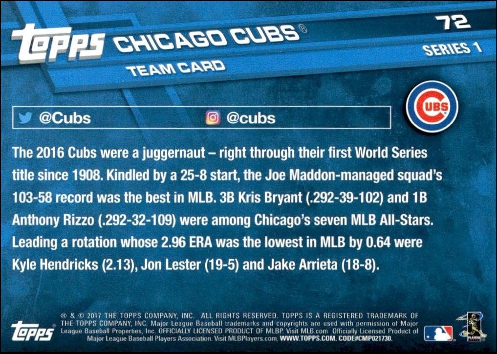 2017 Topps Chicago Cubs #72 baseball trading card back