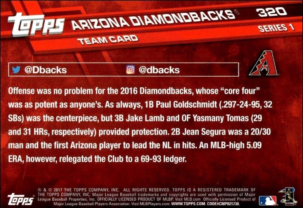 2017 Topps Arizona Diamondbacks #320 baseball trading card back