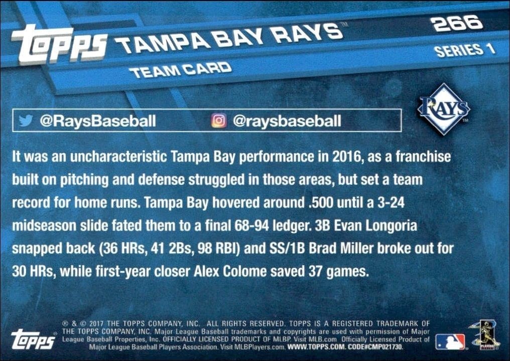 2017 Topps Tampa Bay Rays #266 baseball trading card back
