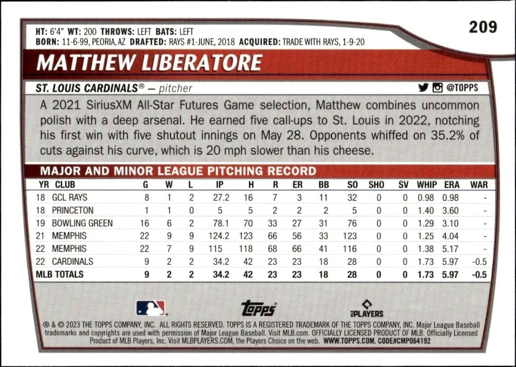 2023 Topps Big League Matthew Liberatore #209 baseball trading card back