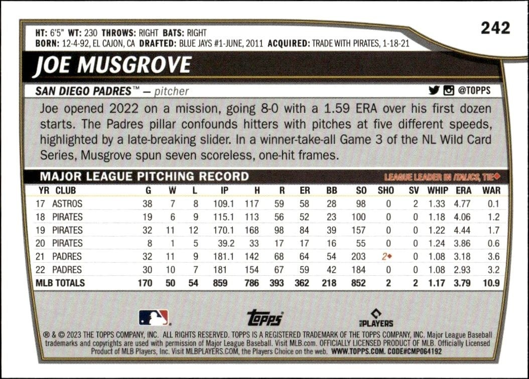 2023 Topps Big League Joe Musgrove #242 baseball trading card back