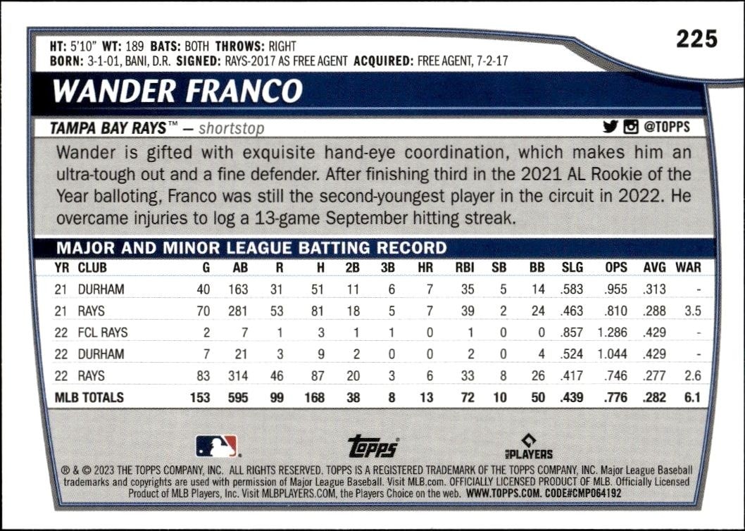 2023 Topps Big League Wander Franco #225 baseball trading card back