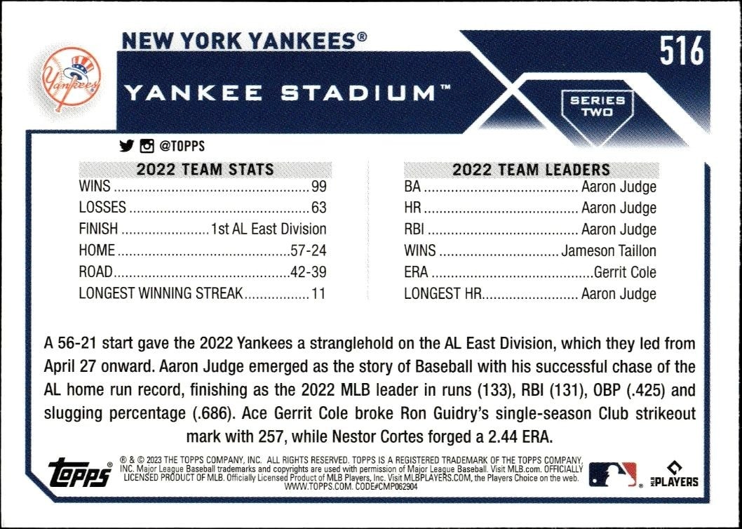 2023 Topps Series 2 New York Yankees #516 baseball trading card back