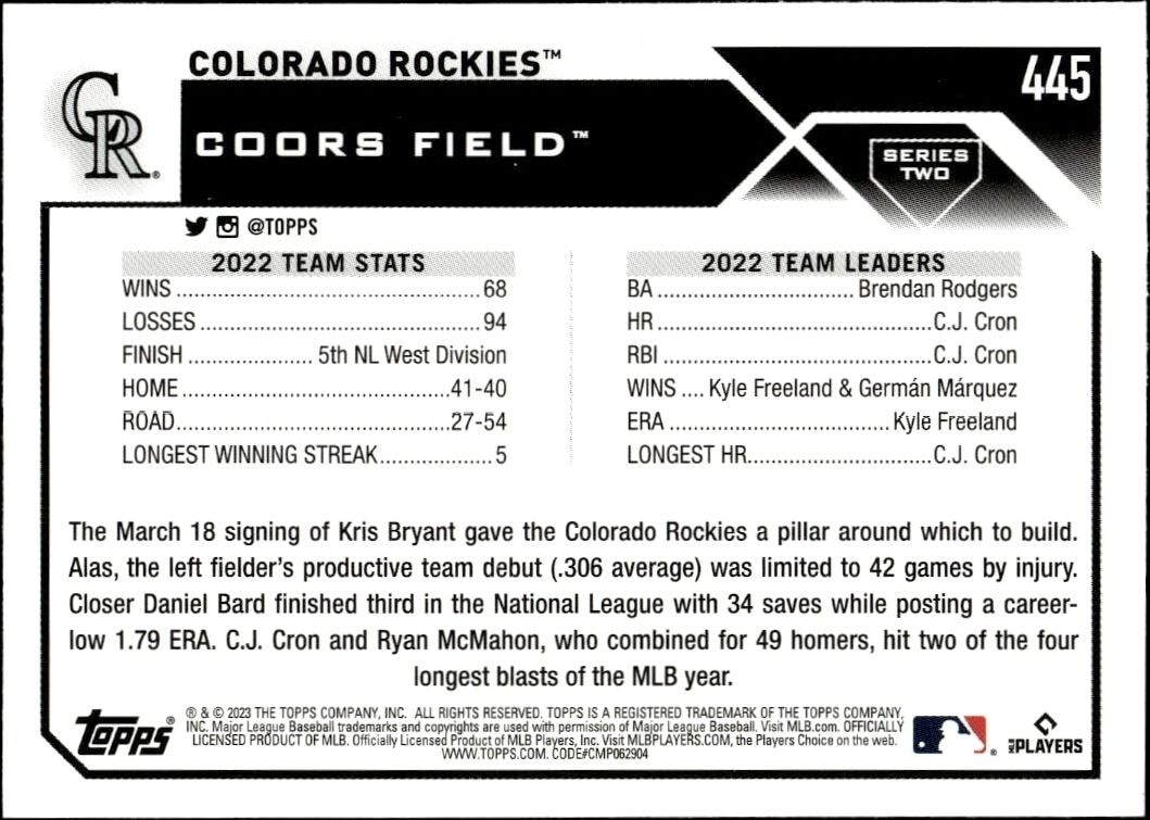 2023 Topps Series 2 Colorado Rockies #445 baseball trading card back