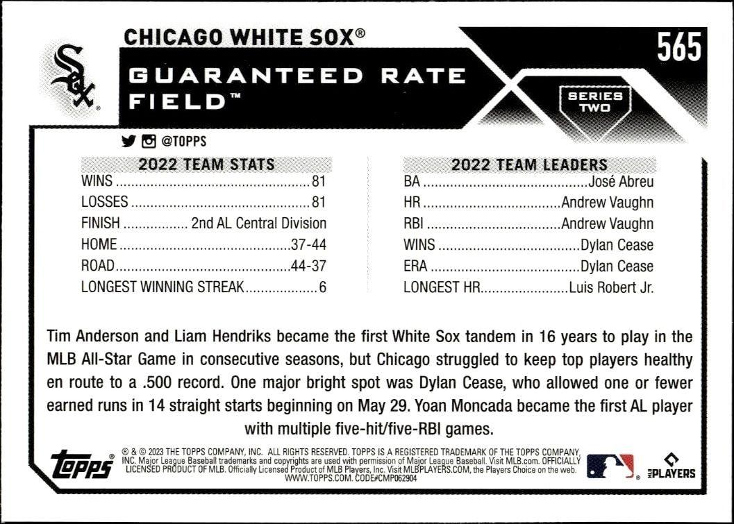 2023 Topps Series 2 Chicago White Sox #565 baseball trading card back
