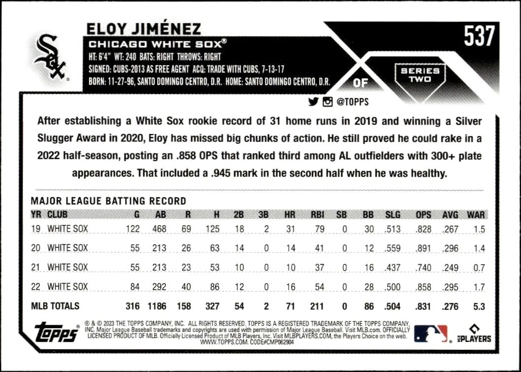2023 Topps Series 2 Eloy Jimenez #537 baseball trading card back