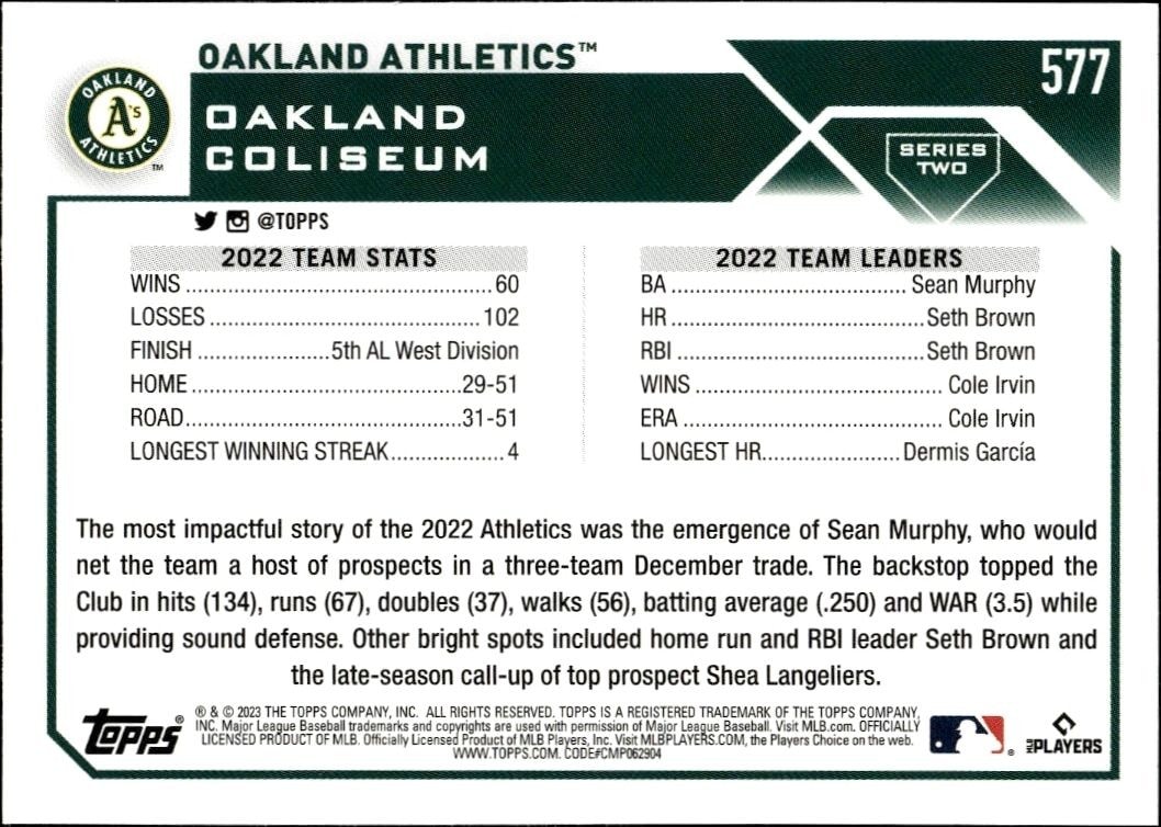 2023 Topps Series 2 Oakland Athletics #577 baseball trading card back