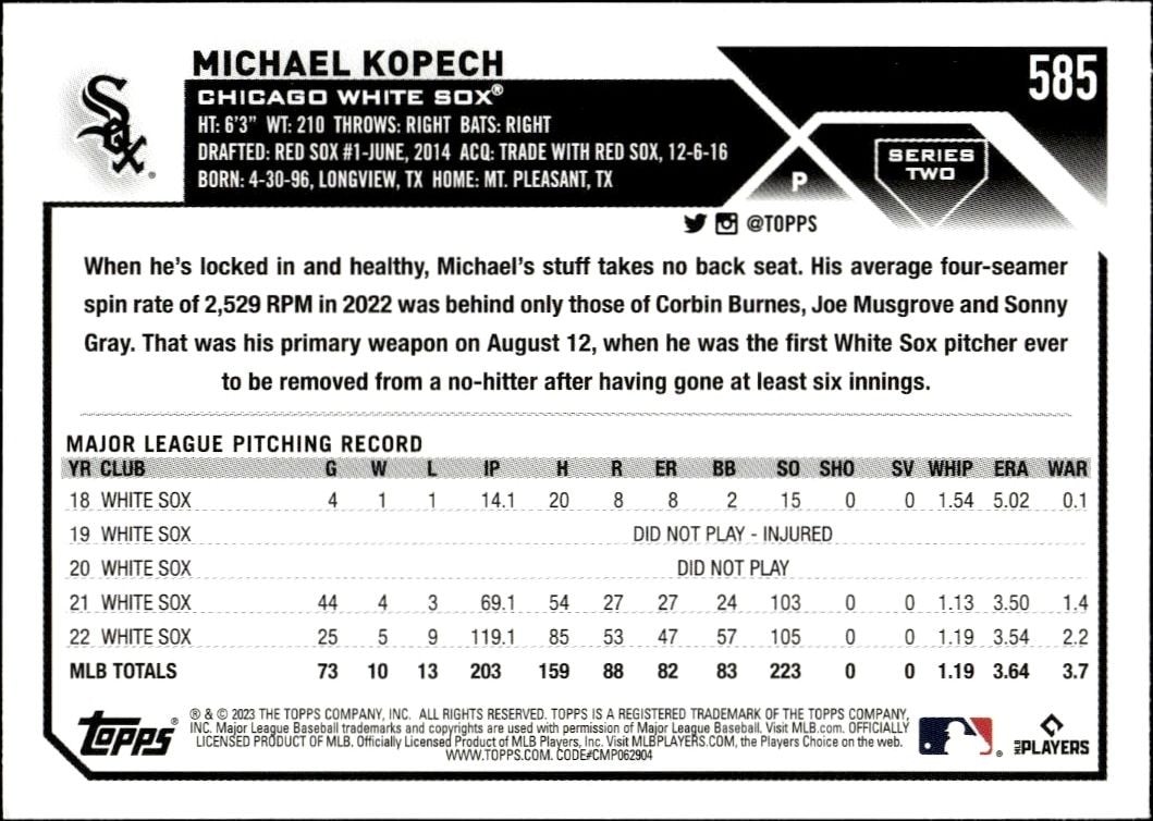 2023 Topps Series 2 Michael Kopech #585 baseball trading card back
