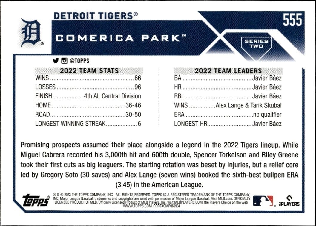 2023 Topps Series 2 Detroit Tigers #555 baseball trading card back