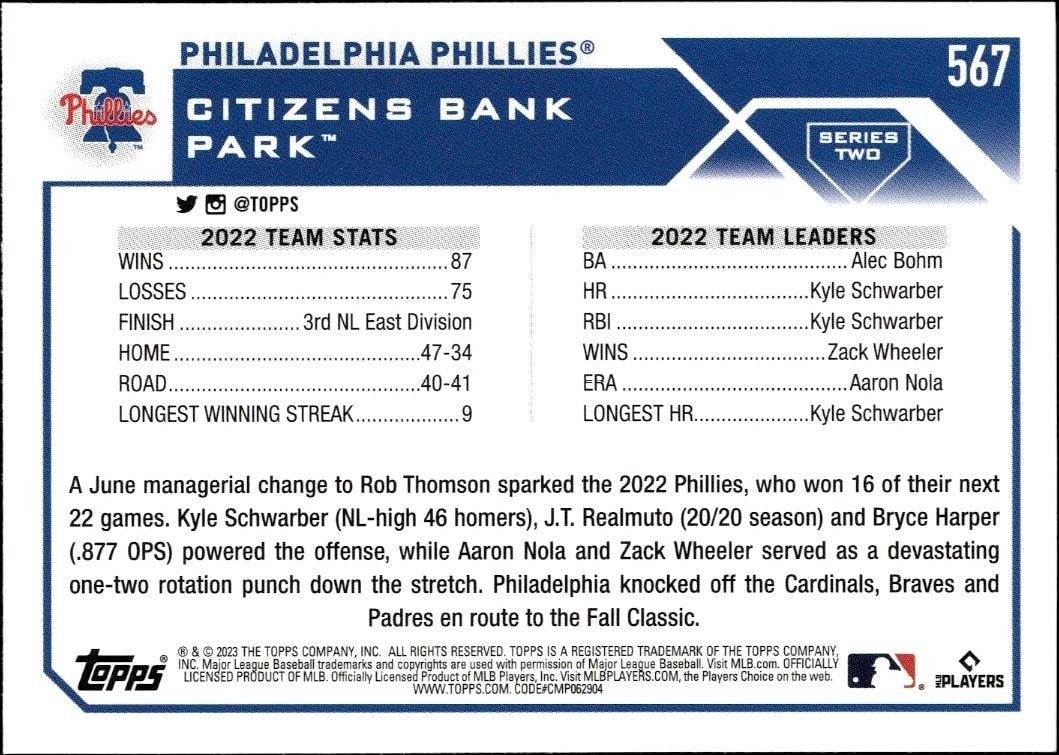 2023 Topps Series 2 Philadelphia Phillies #567 baseball trading card back