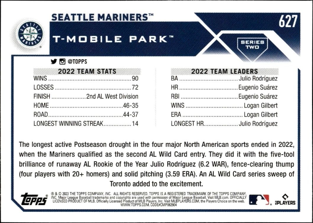 2023 Topps Series 2 Seattle Mariners #627 baseball trading card back